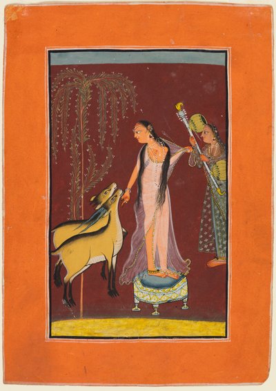 Egy hölgy kísérővel és egy pár szarvas: valószínűleg Gujari Ragini Dipakból, egy Pahari Ragamalából alkotó: Unknown artist