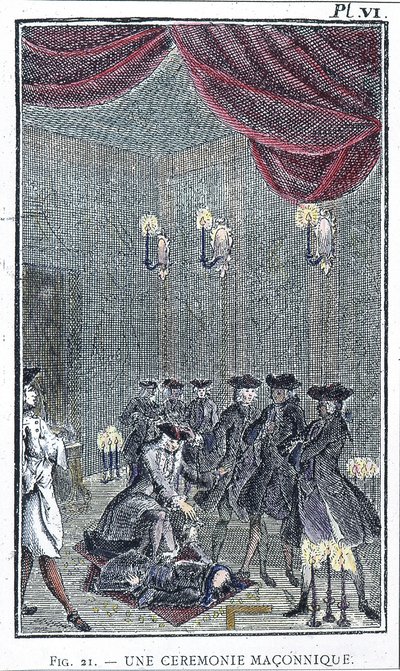 Szabadkőműves szertartás - Perau atya „Elárult szabadkőművesek rendje” gyűjteményéből készült metszet alapján alkotó: Unknown artist