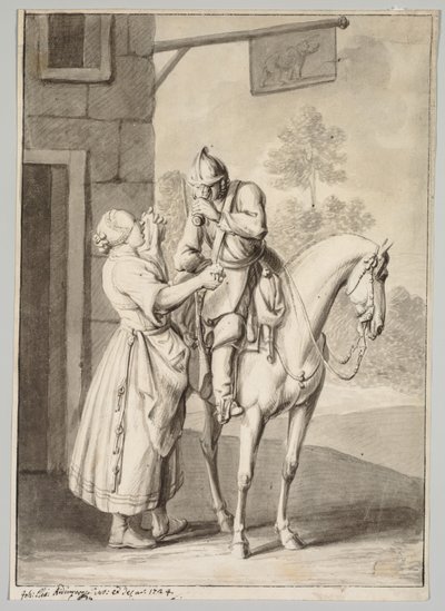 Páncélos katona egy kocsma előtt alkotó: Unknown artist