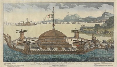 A francia tutaj képe, 1798 februárjában, St. Maloes-ban. A gép 600 láb hosszú és 300 széles, 500 darab ágyút szerel fel, 36 és 48 font súlyú, és 15 000 katonát szállít az invázióhoz. Anglia. alkotó: Unknown artist