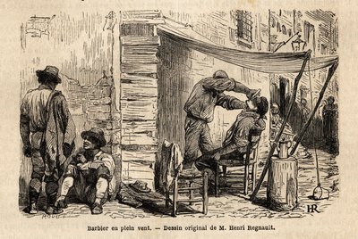 Borbély a szélben Róma utcáin. Francis Wey 1864-1868-as római utazását illusztráló metszet, amelyet a „Le tour du monde, nouveau Journal des voyages” jelent meg Edouard Charton irányítása alatt. alkotó: Unknown artist