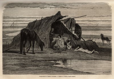 Nomád cigányok tábora Bosznia északi síkságain. A déli szlávok utazásának emlékeit illusztráló metszet Georges Perrottól, 1868-ban, megjelent a „Le tour du monde” 1870-1871-ben, szerkesztette Edouard Charton, Hachette kiadás, Pari alkotó: Unknown artist