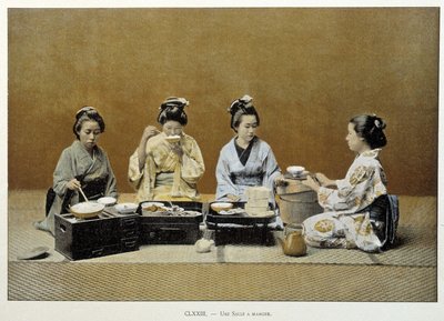 Egy étkező Japánban: nők rizst esznek pálcikával, és egyikük teát szolgál fel - n.d. század vége alkotó: Unknown artist
