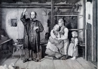 Egy orvos egy palackot, valószínűleg egy vizeletet tartalmazó fiolát vizsgál meg egy szegénységben élő anyánál és két gyermekénél (metszet) alkotó: Unknown artist