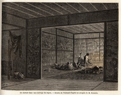 Kollégium egy fogadóban Japánban. Aime Humbert, a Svájci Államszövetség minisztere, a „Le tour du monde, nouveau Journal des voyages” című 1863–1864-es japán utazást illusztráló metszete Edouard Charton irányítása alatt jelent meg. alkotó: Unknown artist