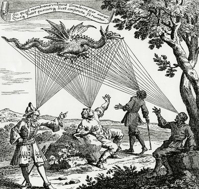 Különböző látószögekből látható sárkány Zahn „Oculus mesterségesis teledioptricus” című művének rézmetszete alapján. alkotó: Unknown artist
