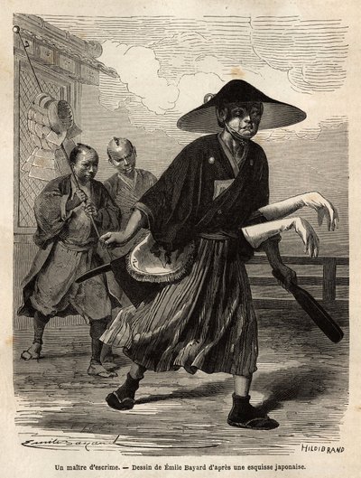 Egy vívómester, majd két segédje, akik az anyagát viselik, a mester fehér kesztyűjét kardja ujjára csúsztatja. Aime Humbert, a Svájci Államszövetség miniszterének 1863–1864-es japán utazását illusztráló metszet a „” Le to alkotó: Unknown artist
