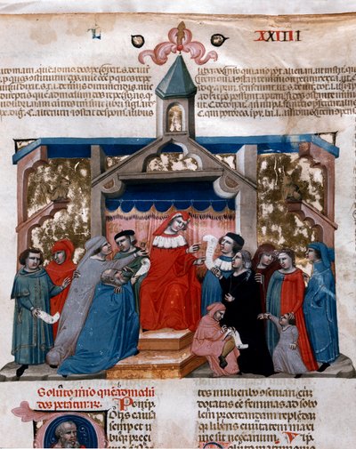 Egy jogász, aki a Justinianus-kódexből (Codex Justinianus) átvett miniatűr törvényt alkalmazza, amely az I. Jusztinianus bizánci római császár (483-565) alatt kiadott törvények és intézmények gyűjteménye. alkotó: Unknown artist