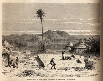 Mecset a legegyszerűbb kifejezésében, egy faluban Abu Hamed közelében, a Nílus partján. M. Tremmeaux 1848–1860-as kelet-szudáni utazását szemléltető metszet, a „Le tour du monde, nouveau Journal des voyages” címmel megjelent közvetlen címen. alkotó: Unknown artist
