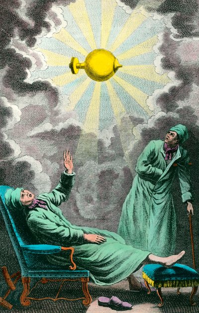 A bénult kinyújtja a kezét egy elektromos fényforrás felé, amely helyreállíthatja az erejét. A Frontispice a Sans abbe „The war of paralysis by electricite” című művéből merít, amelyet Monsignor, Noailles marechal hercegének szentelt. J. B. Chevalie metsze alkotó: Unknown artist