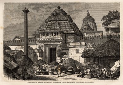 Népszerű séta a Djaghernaut Pagoda (1200 körül épült) főkapuja előtt, amely egy szent város és egy zarándokhely Dél-Bengáliában. Alfred Grandidier 1862-1864-es metszetét India meridionális tartományaiban tett utazás szemléltetésére, publikálják alkotó: Unknown artist