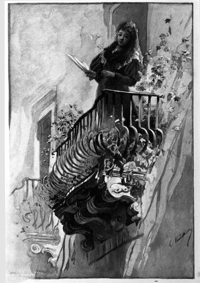Egy csinos nőnek virágos erkélye van egy nyári estén Syracusában. Szicília Metszet a 19. századból alkotó: Unknown artist