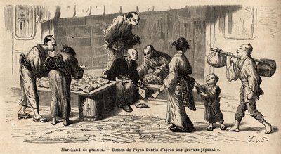 Egy vetőmagkereskedő az utca közepén. Aime Humbert, a Svájci Államszövetség minisztere által az 1863-1864-es japán utazást illusztráló metszet a „Le tour du monde, nouveau Journal des voyages” című kiadványában, amelyet Edouard Charton irányítása alatt adt alkotó: Unknown artist