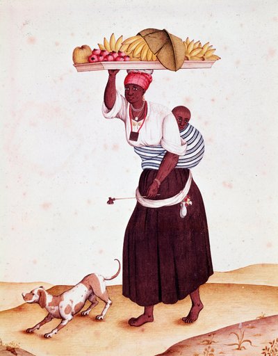 Utazó gyümölcskereskedő Bresilianban, a háta mögött hordja gyermekét. 18. századi akvarell. Rio de Janeiro, Nemzeti Könyvtár alkotó: Unknown artist