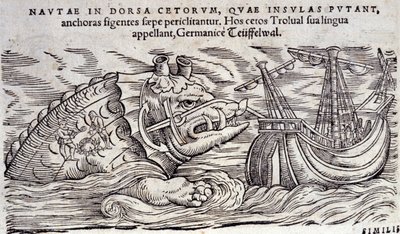 Egy bálna összetévesztve egy szigettel. Két ember tüzet gyújt egy tengeri szörny hátán. Conrad Gesner (1516-1565), Tiguri Historia Animalium metszete alkotó: Unknown artist