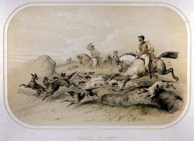 Farkasvadászat. 19. századi metszet. alkotó: Unknown artist