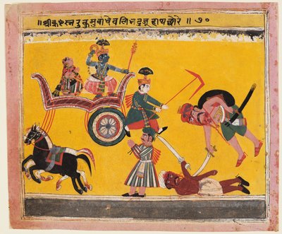 Rukmini elrablása: Krisna megkötötte Rukma kezét egy Bhagavata Puránából alkotó: Unknown artist
