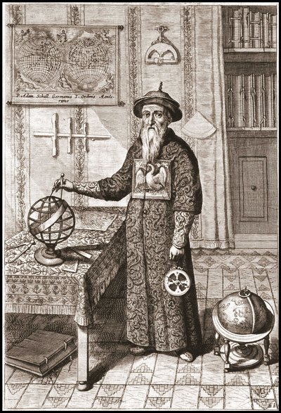 Adam Schall, csillagász (1592-1666) mandarin jelmezben, földi és égi földgömbökkel és asztrolábiummal – Athanase Kircher (vagy Athanasius Kircheri) „Kínában” alkotó: Unknown artist