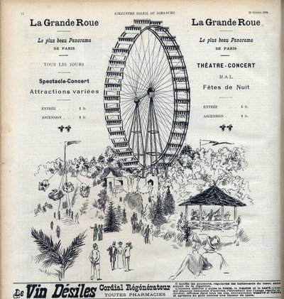 A város legszebb panorámáját kínáló párizsi Ferris Wheel reklámja 1 frankért. Metszet "" Le sun-du-dimanche"" alkotó: Unknown artist