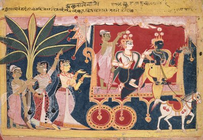 Akrura elvezeti Krsnát és Balarámát Mathurába (Isarda Bhagavata Purana) alkotó: Unknown artist