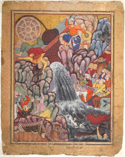 Alamshah széthasad a kerék lánca alatt, a Hamza-nama (Hamza kalandjai) 11. kötetéből alkotó: Unknown artist