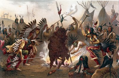Amerikai indián rituálé (Dél-Dakota síksági indiánok): sziú háborús tánc. kromolitográfia Ratzel "" Az emberi faj" -ból, 1890 körül alkotó: Unknown artist
