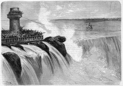 Az amerikai Jenkins átkelt a Niagara-vízesésen egy Velocipede-en 1869-ben. alkotó: Unknown artist