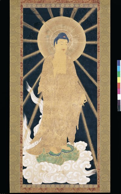 Amitabha (Amida) Triad Descending From Heaven (pigment a konshi-n (kék rizspapír)) alkotó: Unknown artist