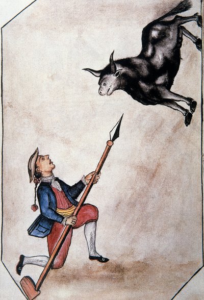 Egy indián, aki lándzsájáról egy bikára mutat, Baltazar Martinez Companion és Bujanda, Trujillo püspöke (1782-1785) "Trujillo of Peru" vagy "Codex Martinez Companion" című könyvéből alkotó: Unknown artist