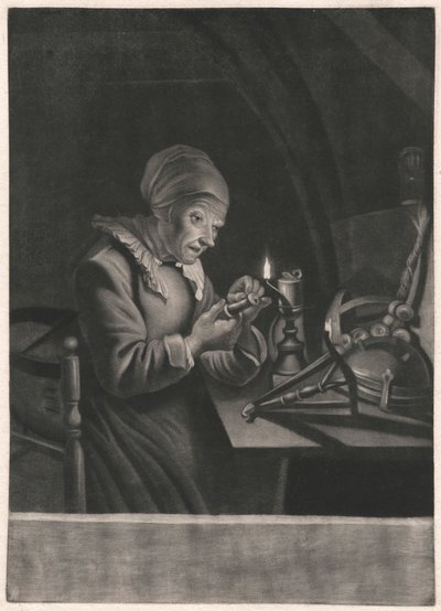 Egy idős nő megjavítja a forgó kerekét alkotó: Unknown artist