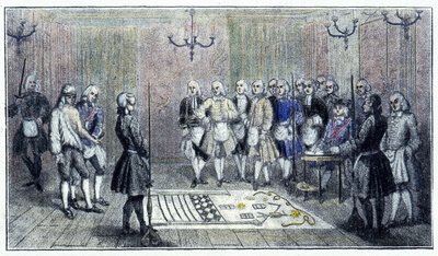 Egy tanoncpáholy Párizsban, 1740 körül: ez a jelenet egy „tanonc” szabadkőműves fogadását ábrázolja (a padlón a tanoncpáholy festménye) - egy korabeli metszet szerint. alkotó: Unknown artist