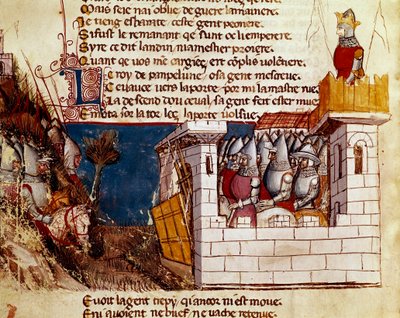 Egy hadsereg (a pamplonai királytól?) egy kastélyban keres menedéket, és felmászik a Miniatűr Levis hídra a „Spanyolország Entrree-jéből”. 14. századi Velence, Biblioteca Marciana. alkotó: Unknown artist