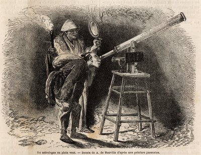 Egy asztrológus az eget kutatja a szabadban a távcsövével. Aime Humbert, a Svájci Államszövetség miniszterének 1863–1864-es japán utazását illusztráló metszet a „Le tour du monde, nouveau Journal des voyages” című kiadványában, amely a dir alatt jelent meg alkotó: Unknown artist