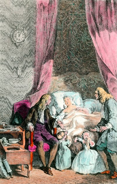 Egy megfigyelő orvos Egy beteg vagy már halott nőt családja és az orvos veszi körül. A gyerekek könnyeznek. Metszet 1780 körül. Párizs, Orvostudományi Akadémia alkotó: Unknown artist