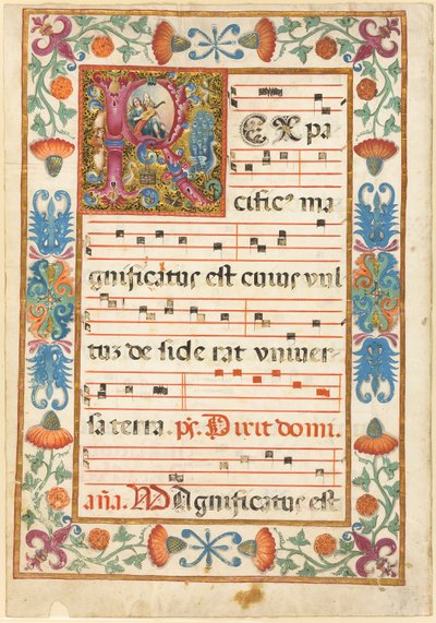 Hangszeren játszó angyal egy díszített "R" kezdőbetűs "R"-ben, növényvilággal, állatvilággal és groteszkekkel, egy antiphonálisból. alkotó: Unknown artist