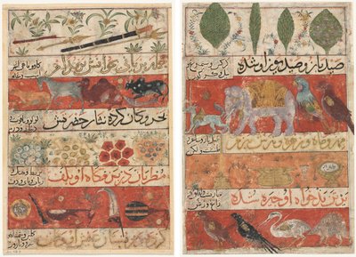 Állatok, drágakövek, érmék és hangszerek (recto); Állatok, madarak és növények (verso) Mu