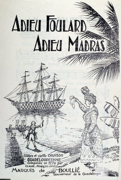 Antillák dal címe „” búcsúsál, búcsú madras””. 18. századi metszet. Chartres, Szépművészeti Múzeum alkotó: Unknown artist