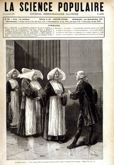 Antoine Augustin Parmentier (1737-1813), a burgonyatermesztés franciaországi terjesztéséről ismert gyógyszerész, aki apácákhoz beszél. in „” La science populaire”” 1881.01.20. alkotó: Unknown artist