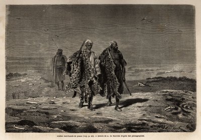 Arab beduinok, párducbőrök és juhgyapjúkereskedők, útban Bagdad (Irak) felvonulása felé. Guillaume Lejean 1866-os babiloni utazását illusztráló metszet a „Le tour du monde, nouveau Journal des voyages” című kiadványban, amely a szörnyűség alatt jelent meg. alkotó: Unknown artist