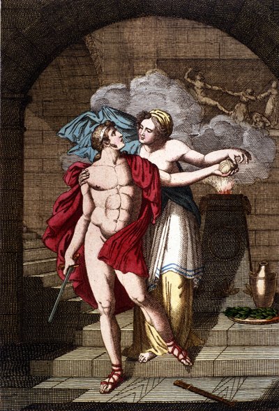 Arianne Thészeusznak adja a fonalat, hogy kiszabadulhasson a labirintusból – a Dizionario mitologico-ban alkotó: Unknown artist