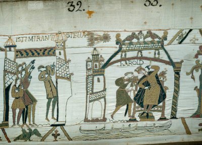 Az asztrológusok beszámolnak az üstökös (Halley) megjelenéséről, Harold szerencsétlenségéről, az alig koronás angol királyról Részlet a Bayeux-i kárpitról vagy Mathilde királynő hímzéséről alkotó: Unknown artist
