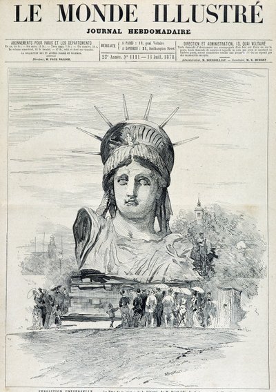 Az 1878-as világkiállításon: a New York-i kikötőbe szánt Szabadság-szobor feje Bartholdi úrtól – az 1878.07.13-i „” The Illustrated World”-ben alkotó: Unknown artist