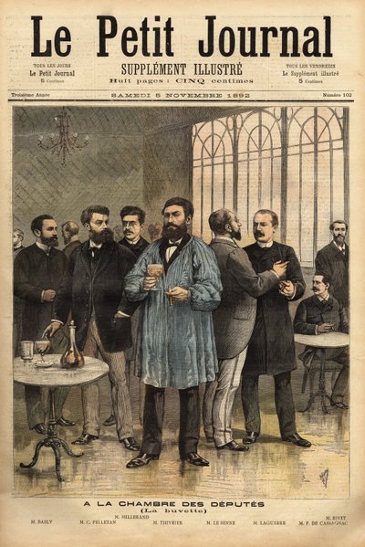 A Képviselőház bárjában balról jobbra: Emile Basly (1835-1928), Párizs képviselője, a bányászok szakszervezeti mozgalma, Camille Pelletan (1846-1915) újságíró, író és a Bouches du képviselője. Rhone, Alexandre Millerand (1859-1 alkotó: Unknown artist