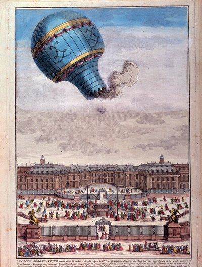 Léggömbrepülés: a Montgolfier fivérek élménye a versailles-i kastély előtt 1783 szeptemberében. 18. századi metszet. Paris, B.N. alkotó: Unknown artist