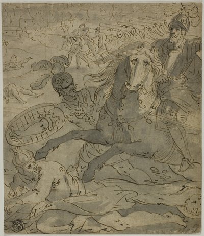 Csatajelenet rohamozó tábornokkal lóháton az előtérben, tüzérséggel és ágyúkkal a háttérben alkotó: Unknown artist