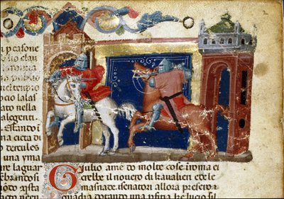 Csatajelenet, két páncélos lovag egymással szemben Részlet egy kéziratos oldalról „A rómaiak tényei” (Ms. 1538) 1340 körül Firenze, Biblioteca Riccardiana alkotó: Unknown artist