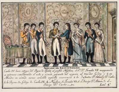 Bayonne interjúja 1808-ban Aranjuez felkelését követően, amikor IV. Károly spanyol király lemondott a trónról, és I. Napóleonnak engedte át a trónt fia, VII. Ferdinánd előtt (VII. Fernando) alkotó: Unknown artist