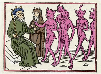Belial tárgyalása: „A Belial démon négy másik démon kíséretében jelen van Salamon bíró előtt” „Megraving from „The Belial trial” – Jacobus de Teramo (vagy Palladino), Ausburg alkotó: Unknown artist