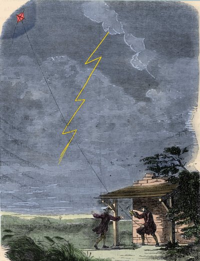 Benjamin Franklin filozófus, fizikus és amerikai nagykövet sárkányra szerelt villámhárítójával kísérletezik. 1752. szeptember. alkotó: Unknown artist