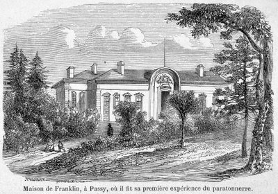 Benjamin Franklin háza Passy-ban, ahol először tapasztalta a villámhárítót - gravírozást alkotó: Unknown artist